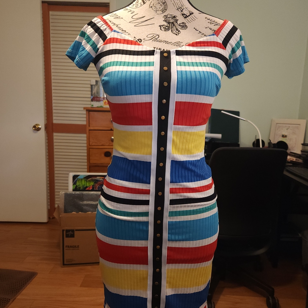 Multicolor Striped Off-Shoulder Mini Dress with Button Trim
